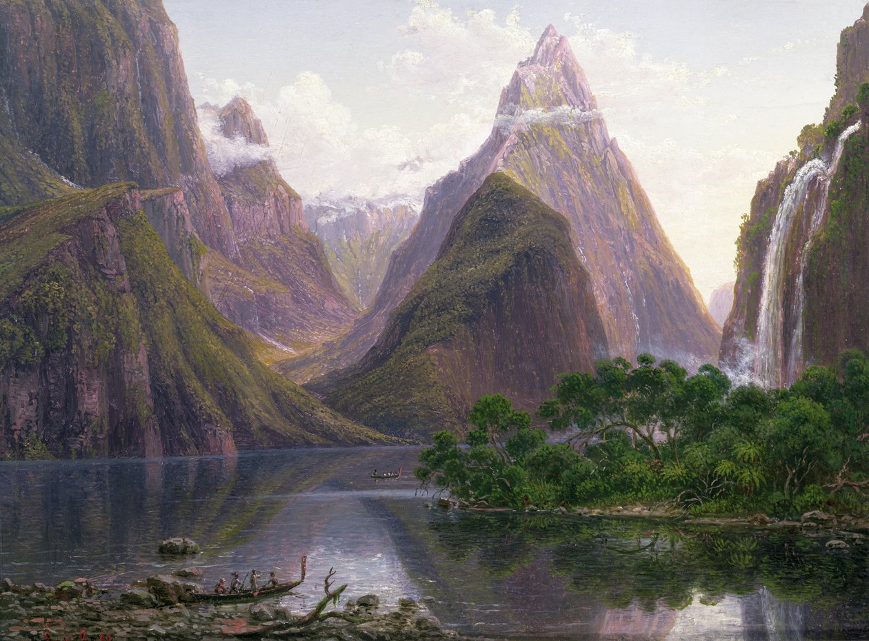 Domorodé postavy v kánoi v Milford Sound, západní pobřeží Jižního ostrova, Nový Zéland, také vyobrazeny jsou Mitre Peak a Bowens Fall, 1892 od Eugene von Guérard