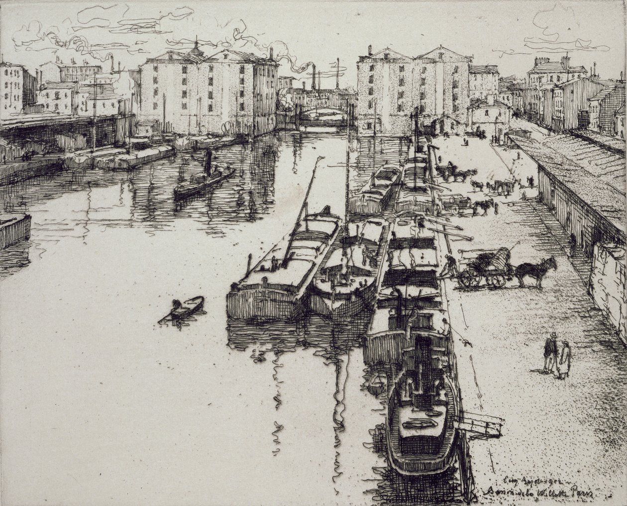 Bassin de la Villette, z knihy "Du Ier au XXeme: Les Arondissements de Paris...", vydané v roce 1903 od Eugene Bejot