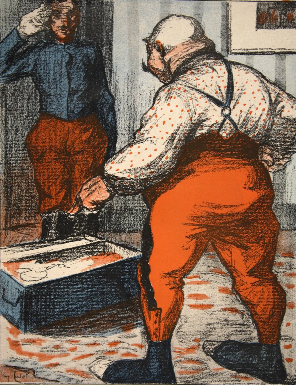 Státní úředník dohlížející na uspořádání svého spodního prádla, ilustrace z 