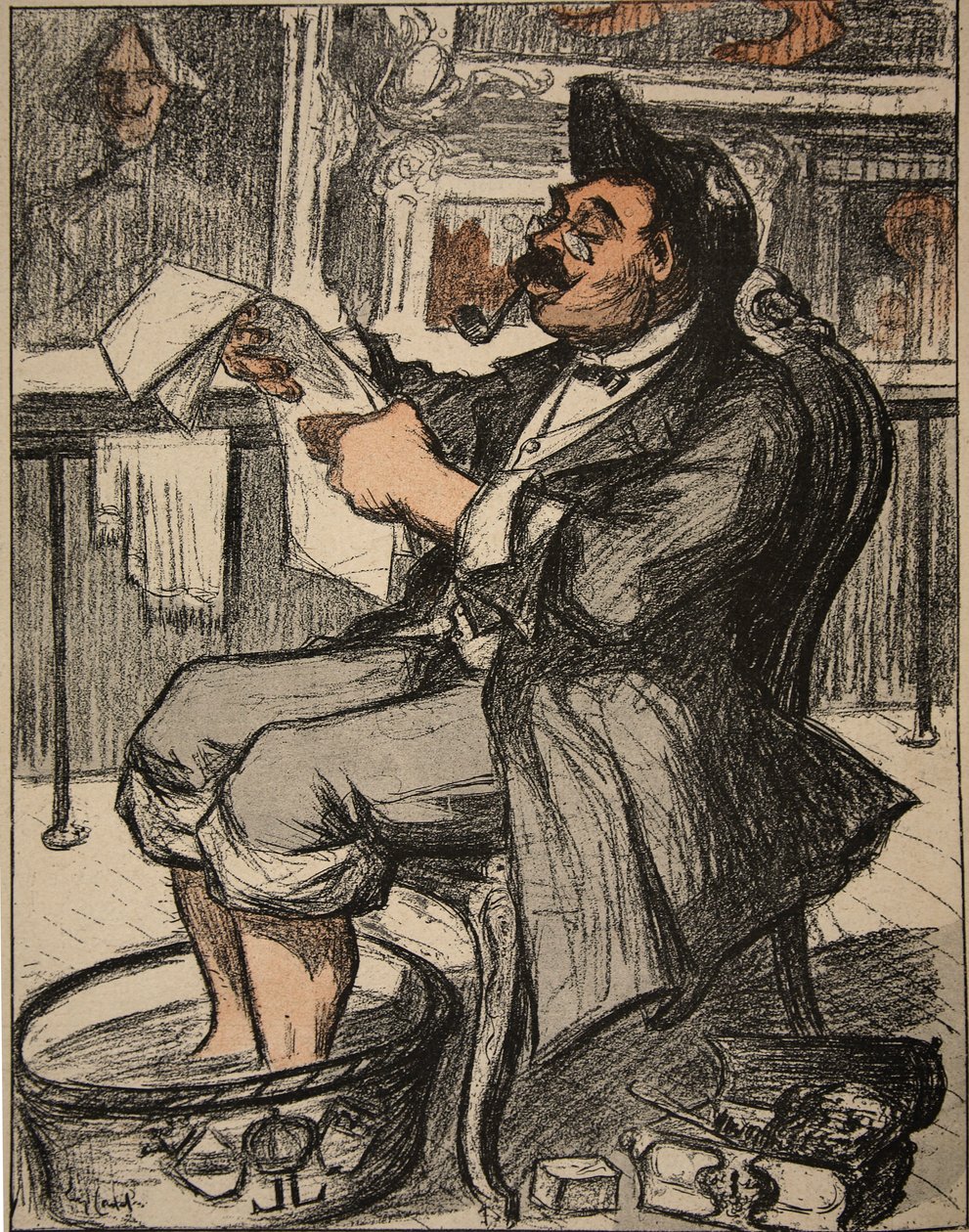 Vládní úředník čte své noviny s koupelí nohou, ilustrace z 