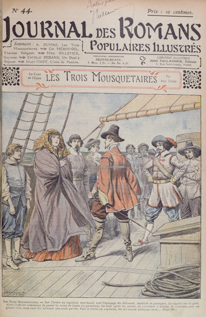 Přední strana obálky seriálu "Tři mušketýři" od Alexandra Dumase (1803-70) z časopisu "Journal des Romans Populaires Illustres", 1905. od Eugene Damblans