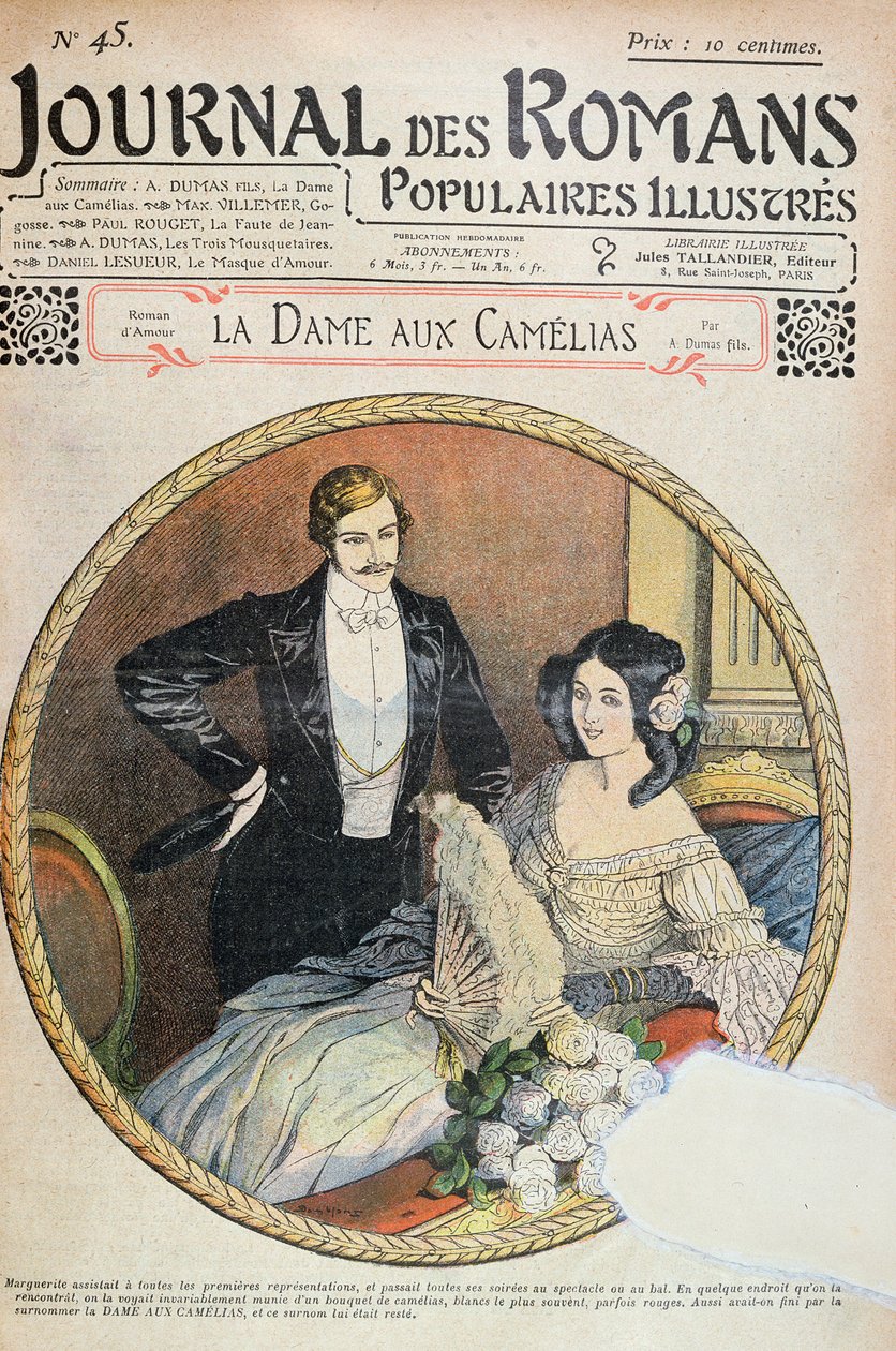 Marguerite s kyticí bílých kamélií v lóži divadla, ilustrace k 