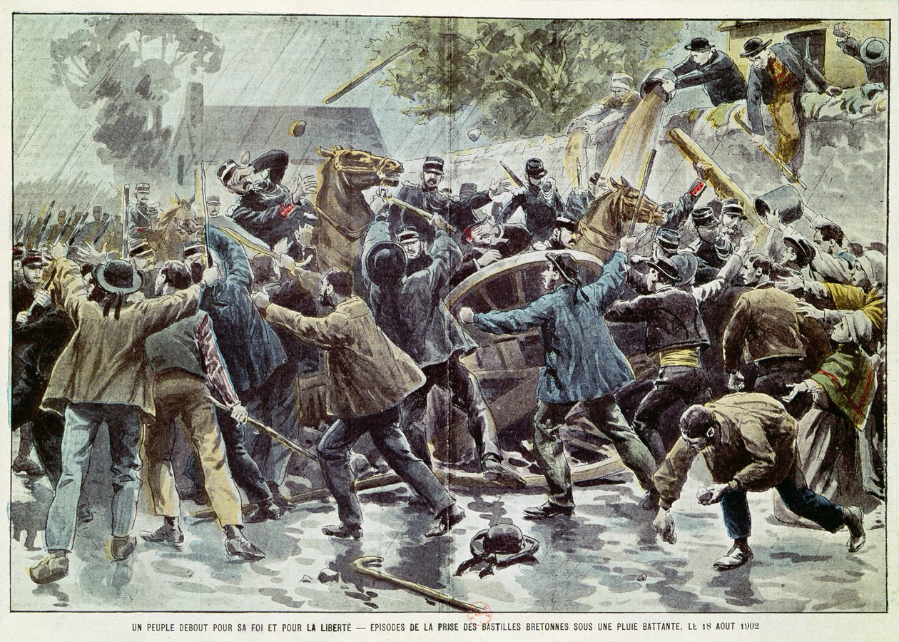 Nepokoje v Bretani 18. srpna 1902, Bretonci proti prosazování zákona o kongregacích, 1902 (barevná rytina) od Eugene Damblans