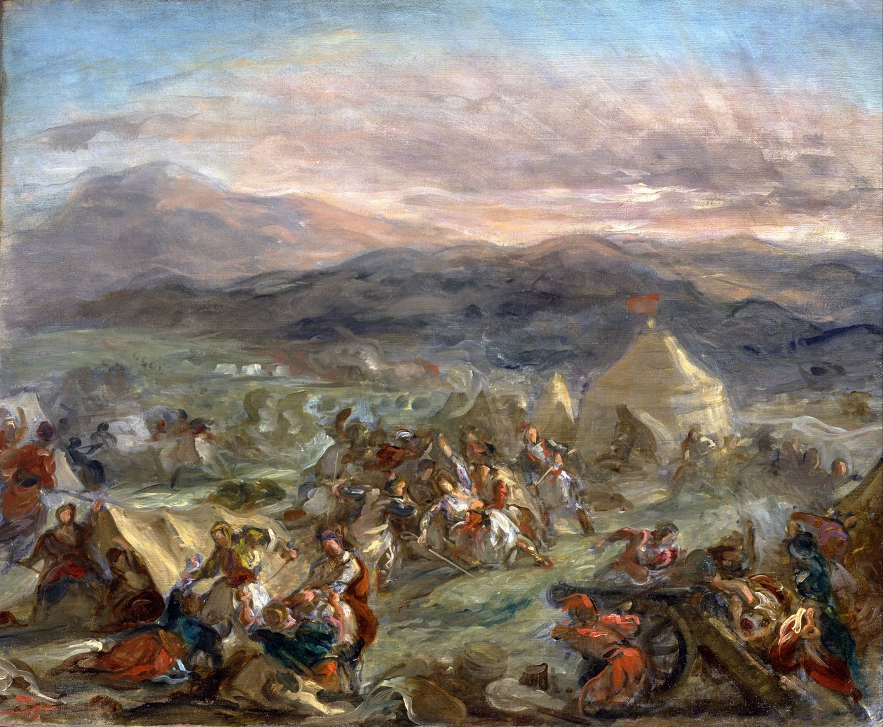 Botzaris překvapí turecký tábor a padá smrtelně zraněný od Ferdinand Victor Eugene Delacroix