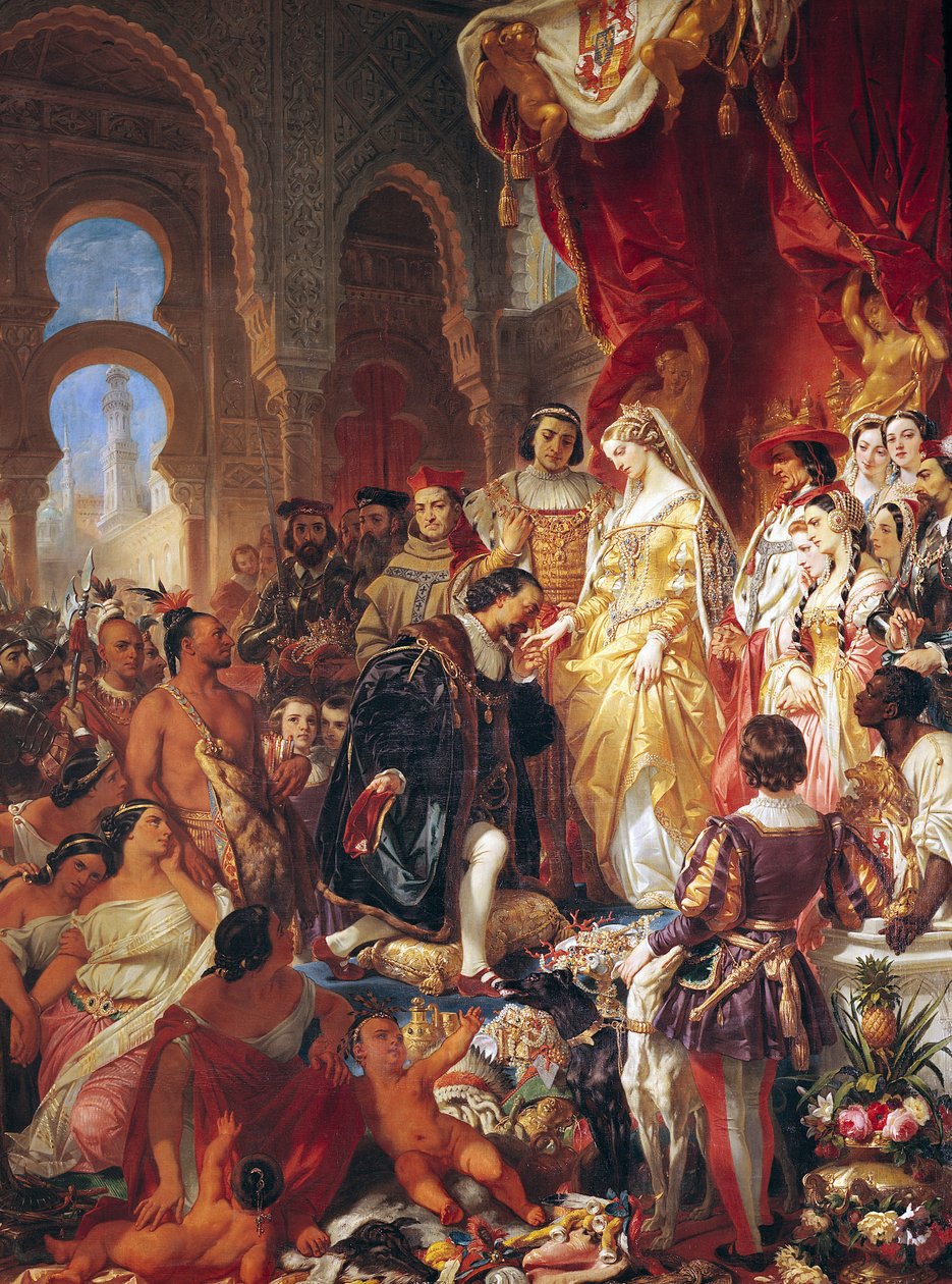 Přijetí Kryštofa Kolumba (1450-1506) Ferdinandem II (1452-1516) Aragonským a Isabelou (1451-1504) Kastilskou od Eugene Deveria