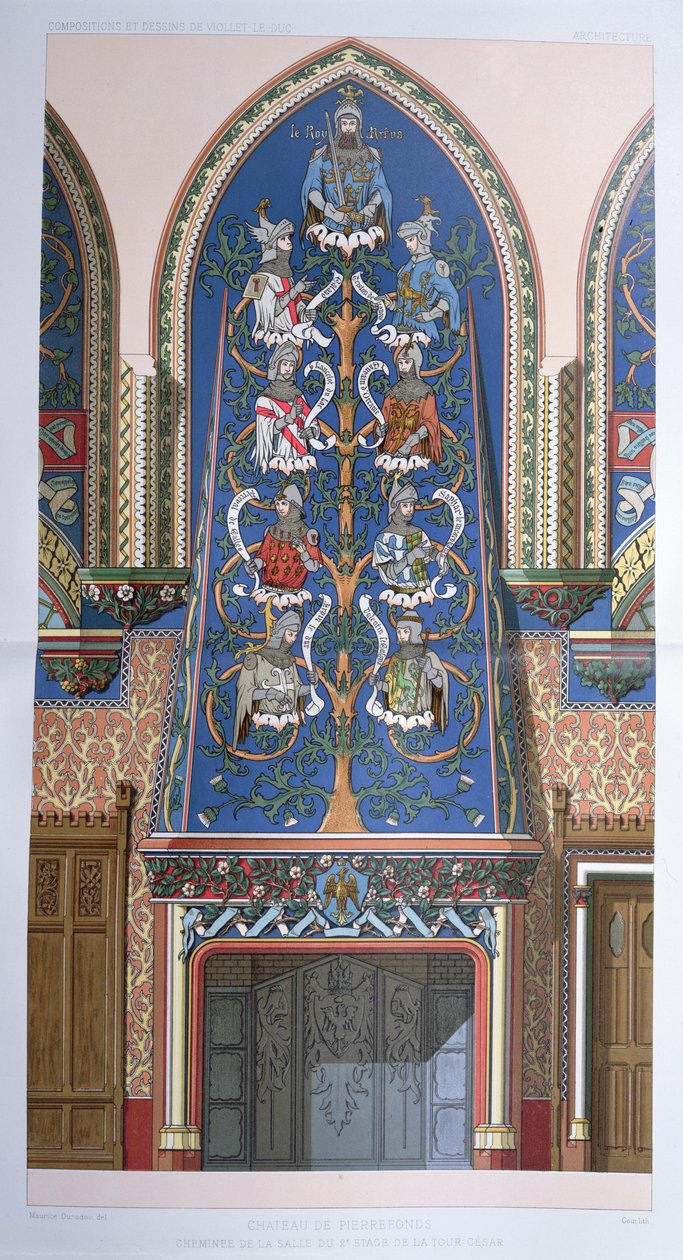 Dekorativní schéma s králem Artušem a rytíři kulatého stolu pro krb ve věži Cesar na zámku Pierrefonds ve Francii (viz také 101640) od Eugene Emmanuel Viollet le Duc