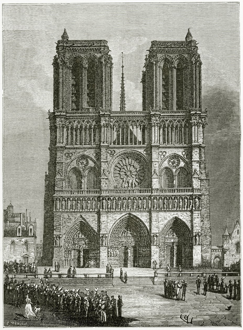 Notre Dame de Paris v roce 1642 - ilustrace z Notre Dame de Paris, 19. století (č. rytina) od Eugene Emmanuel Viollet le Duc
