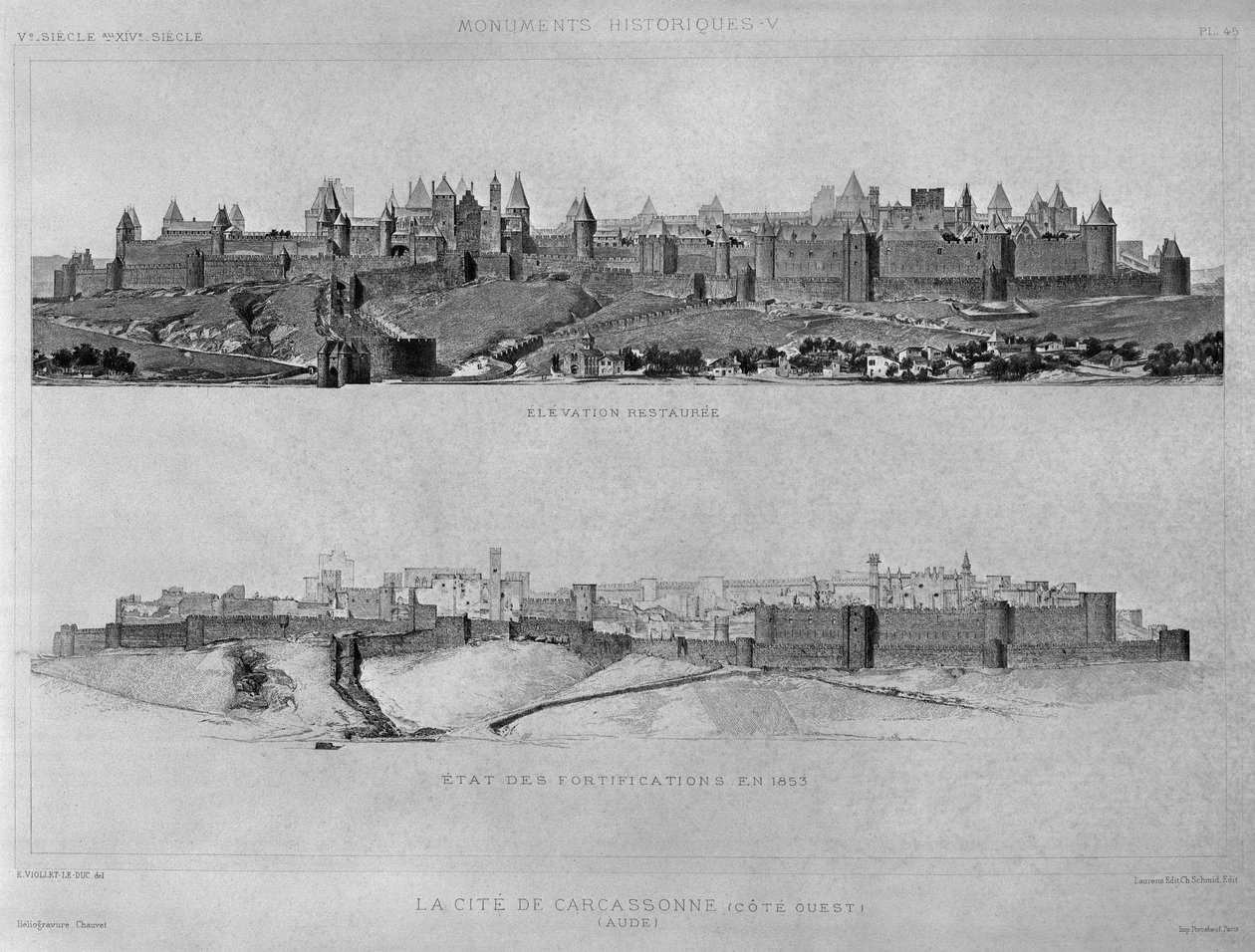 Pohled na Carcassonne ze západní strany, Stav opevnění a města v roce 1853, ilustrace z „Památky Historiques“, vydané Laurens et Schmidt editoreurs od Eugene Emmanuel Viollet le Duc