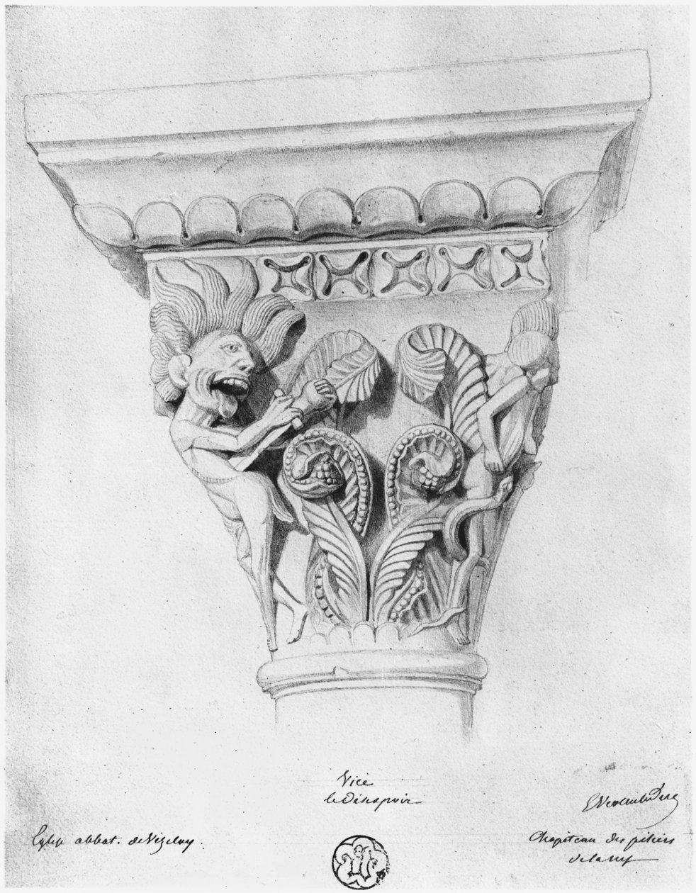 Kapitál ilustrující neřest zoufalství, opatský kostel La Madeleine, Vezelay, Francie od Eugene Emmanuel Viollet le Duc