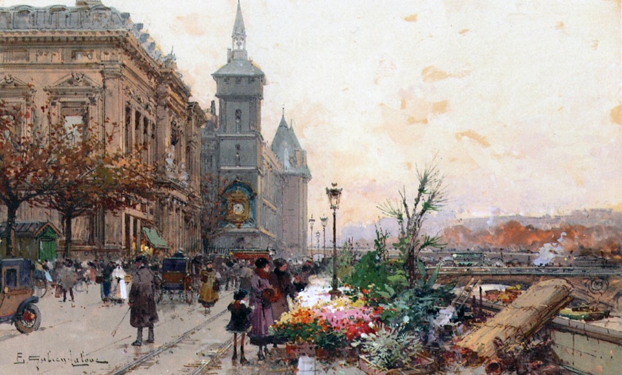 Květinový trh, Paříž (kvaš a wc na papíře) od Eugene Galien Laloue
