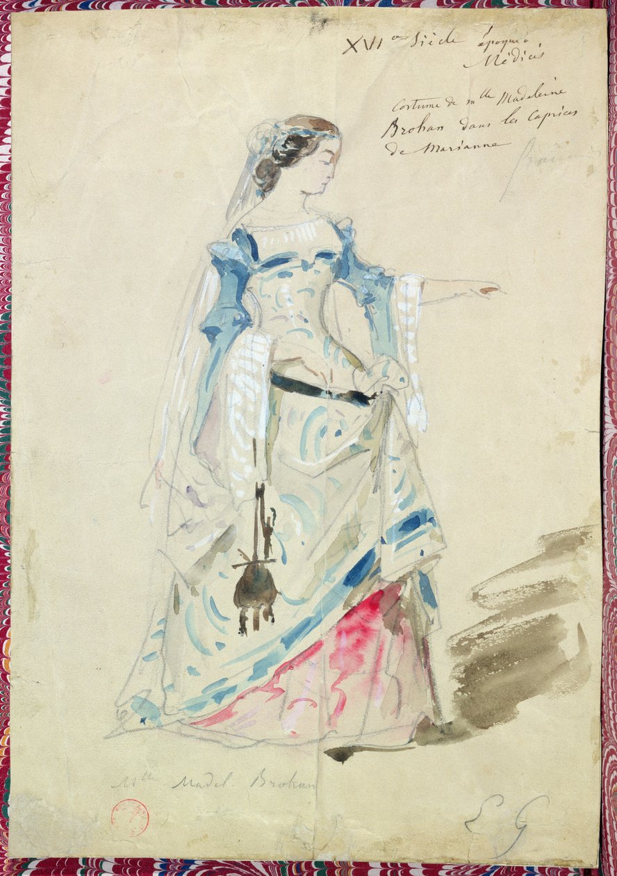 Kostýmní návrh pro Mlle Madeleine Brohant (1833-1900) pro roli Marianne v 