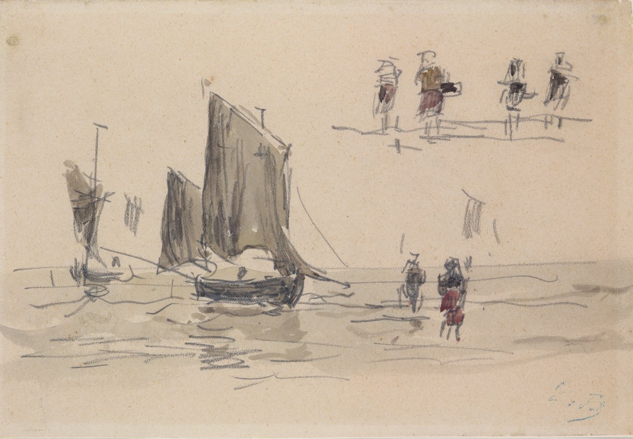 Lodě a rybáři od Eugene Louis Boudin