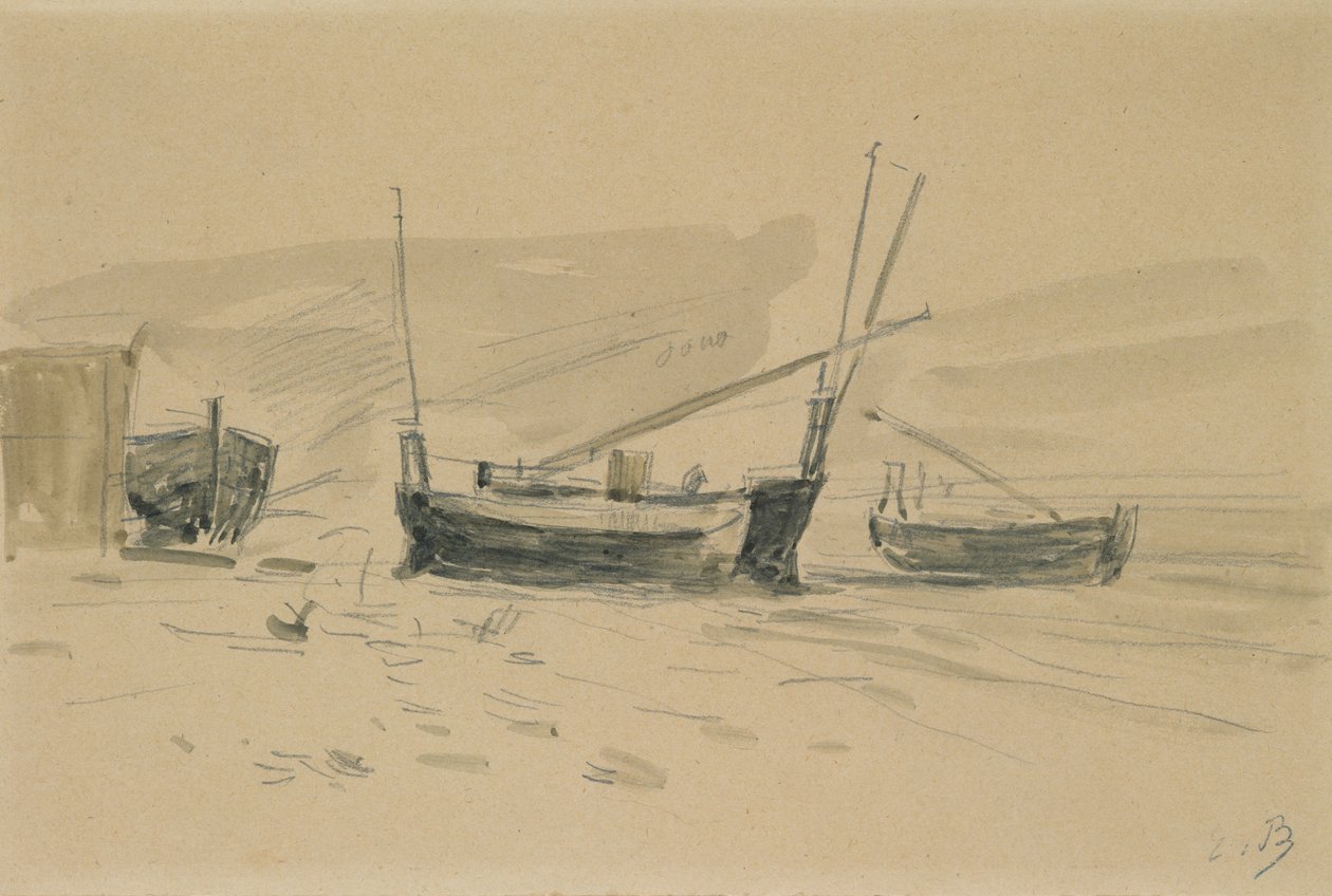 Malé plážové čluny (wc a grafit na papíře) od Eugene Louis Boudin