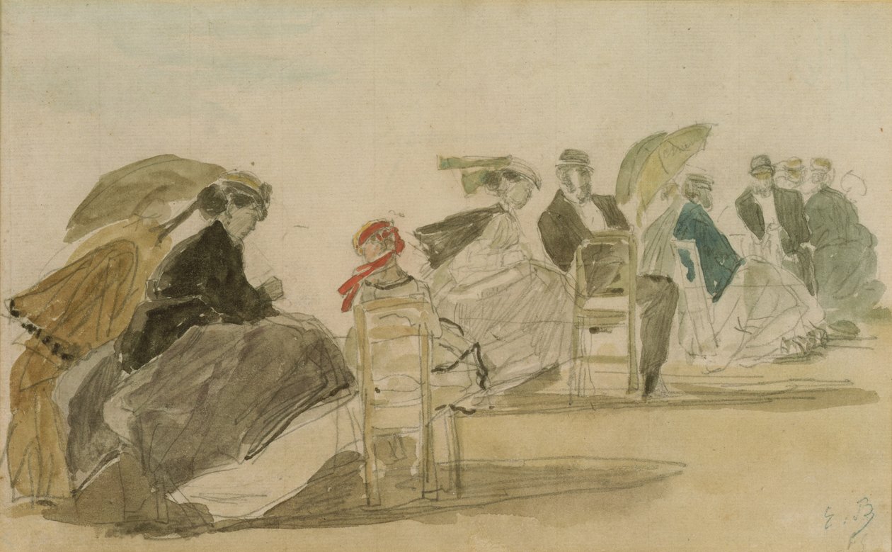 Pláž v Trouville (wc a tužka na papíře) od Eugene Louis Boudin