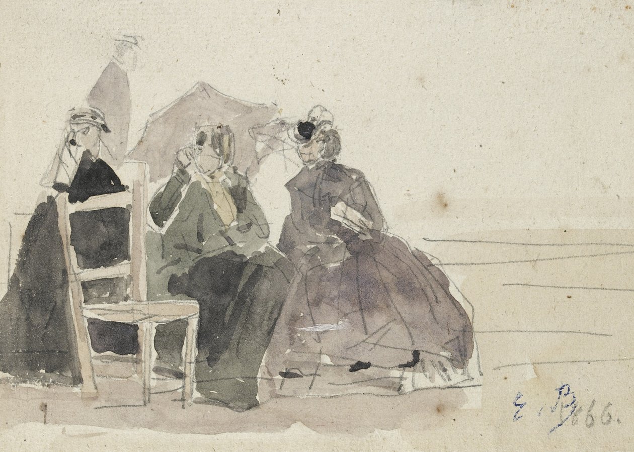 Tři ženy sedící na židlích na pláži (grafit na bílém papíře) od Eugene Louis Boudin