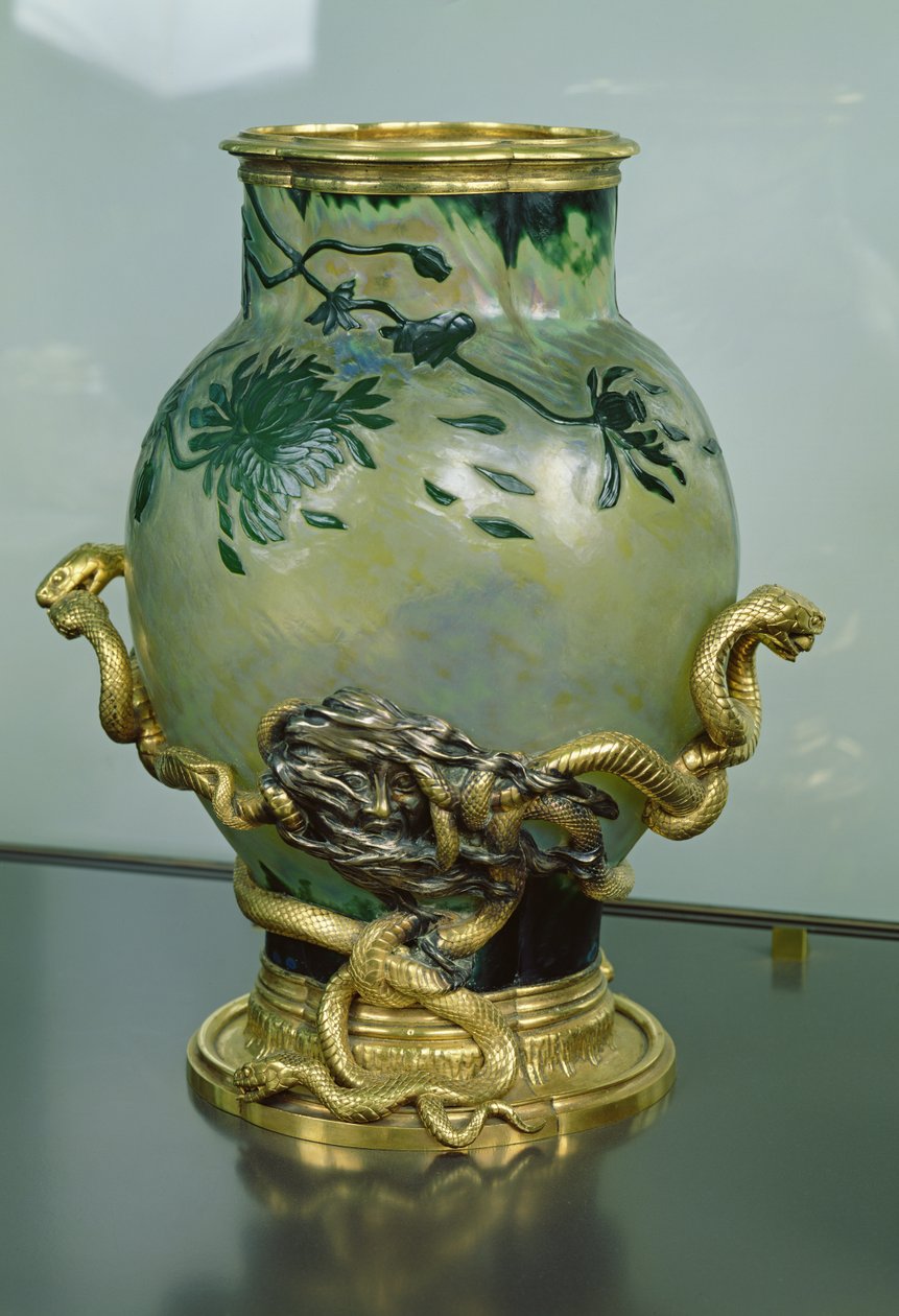 Křišťálová váza se stojanem s propletenými hady, cca 1890 (bronz a sklo) od Eugène Rousseau
