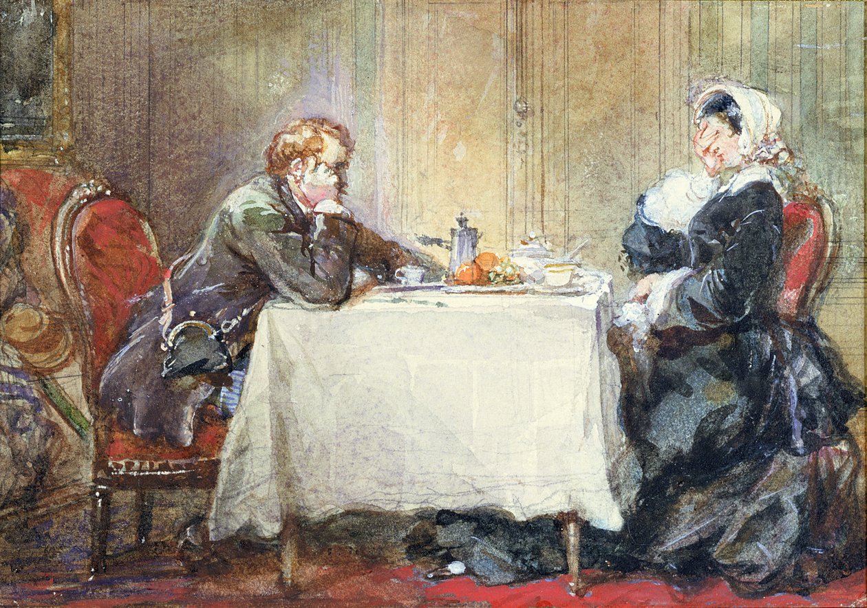 Alfred de Musset (1810-57) a George Sand (1804-76) u stolu, ilustrace z „Confession d
