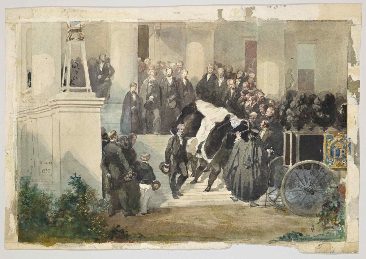 rakev KRÁLA LOUISE PHILIPPE OCHODUJÍCÍ CLAREMONT HOUSE V ESHER, SURREY, ANGLIE V SRPNU 1850 od Eugene Louis Lami
