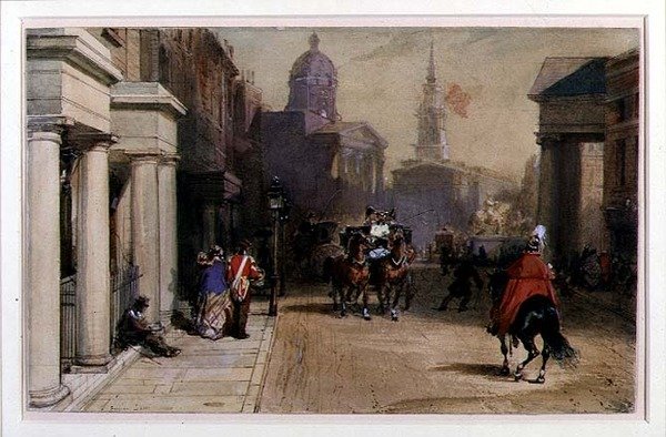 Trafalgar Square z Pall Mall, cca 1848-52 (akvarel a kvaš přes tužku na papíře) od Eugene Louis Lami
