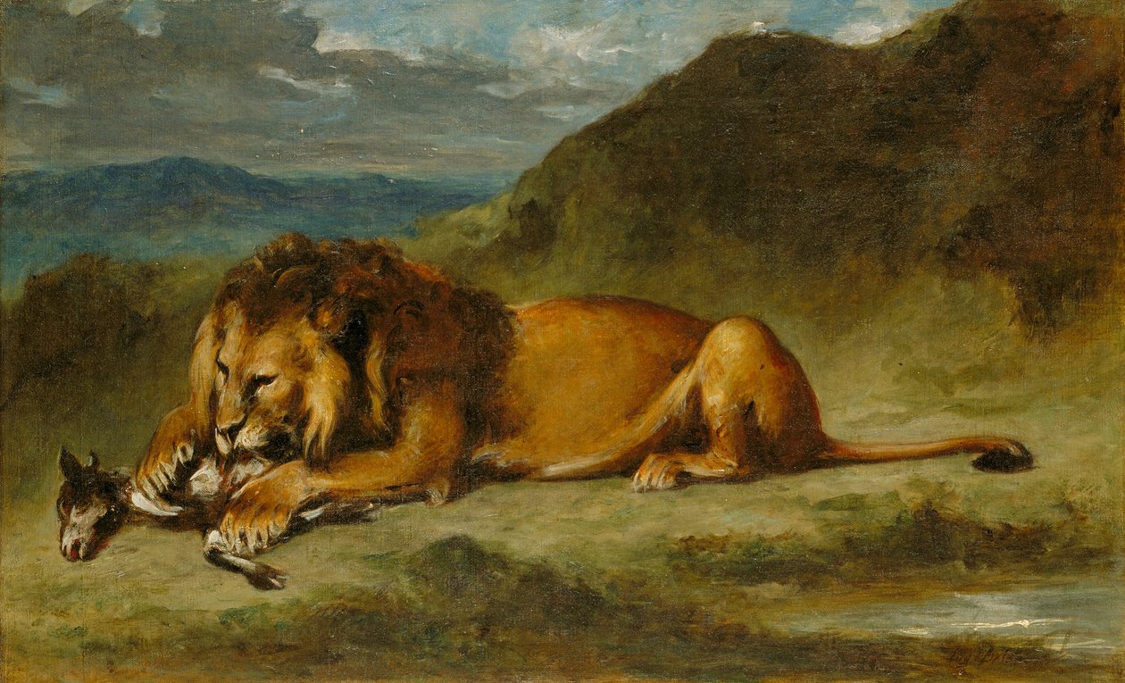 Lev požírající kozu, cca 1850 (olej na plátně) od Eugene  Delacroix