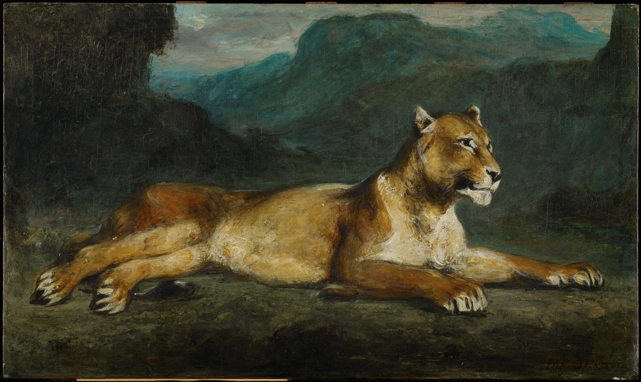 Ležící lvice, cca 1855 (olej na panelu) od Eugene  Delacroix