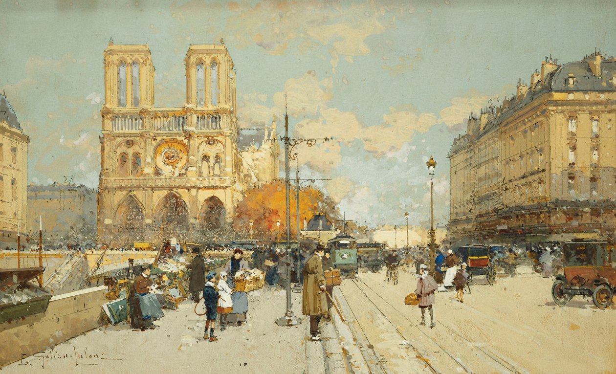 Postavy na slunné pařížské ulici, Notre Dame vlevo od Eugene Galien Laloue