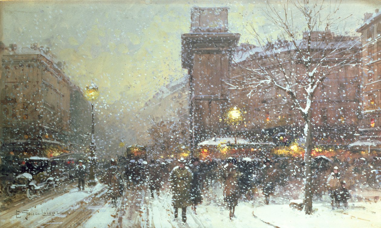 Porte St. Martin, v Paříži (černá křída a kvaš na papíře) od Eugene Galien Laloue