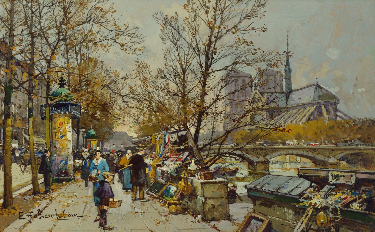 The Rive Gauche, Paříž, s Notre Dame Beyond (barva těla na kartě) od Eugene Galien Laloue