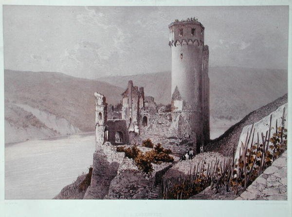 Schloss Ehrenfels v údolí Rýna, kolem roku 1863 (barevné lito) od Eugene (after) Ciceri