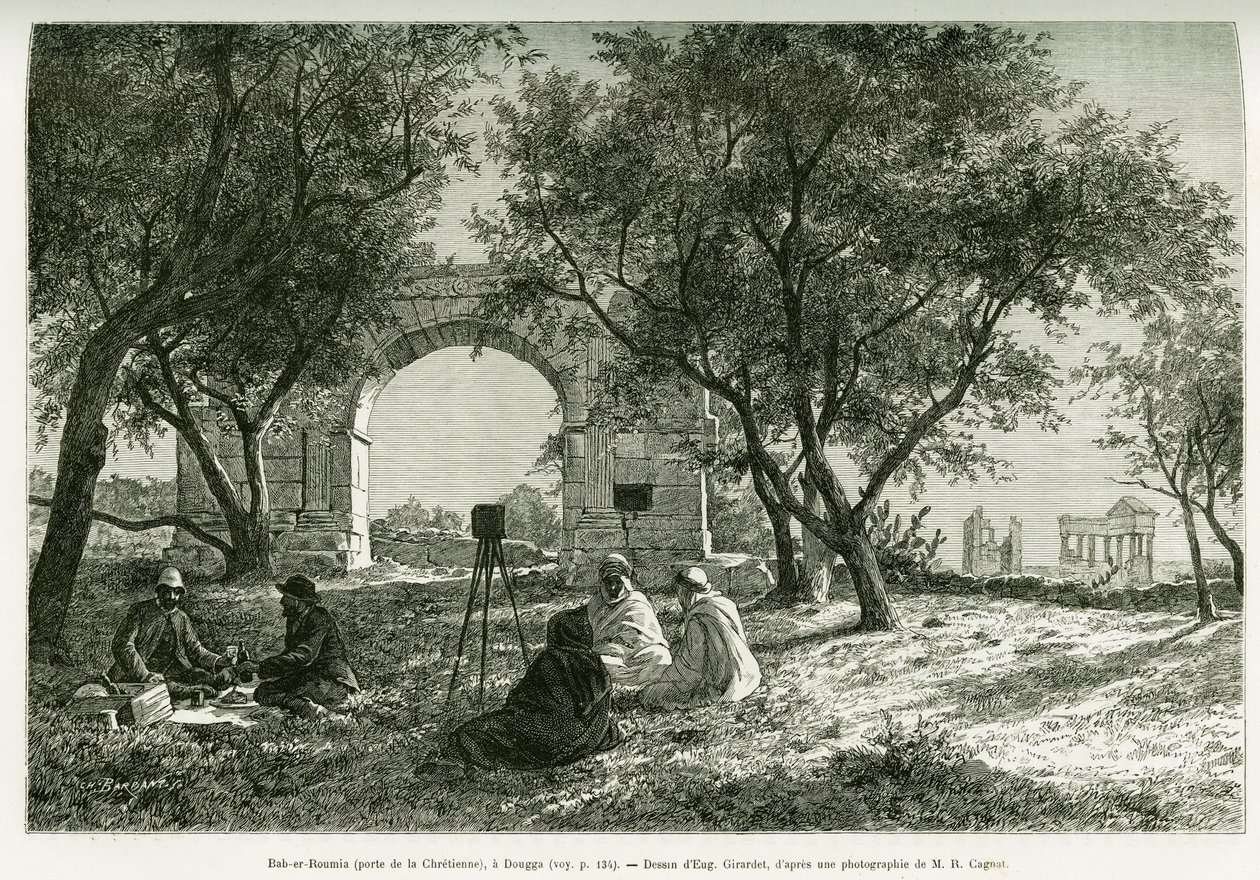 Bab-er-Roumia (Bab er Roumia), brána křesťanské ženy, římské ruiny v Dougga, piknik cestovatelů a jejich průvodců, kolem fotoaparátu. Rytina Eugena Girardeta pro ilustraci příběhu Voyage en Tunisie, R.Cagnat a H.Saladin, náboje z oblouku od Eugene Alexis Girardet