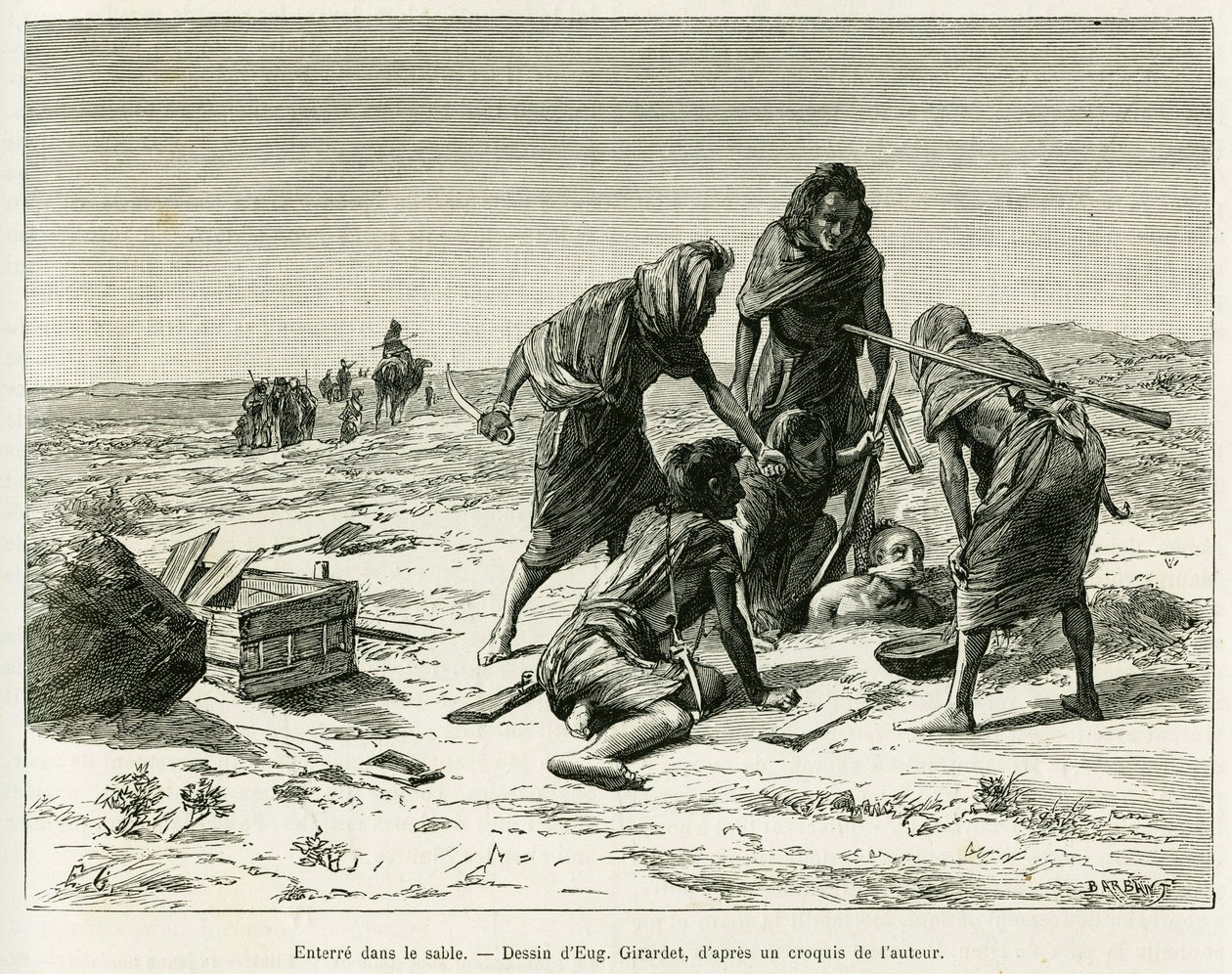 Zahrabat do písku. Rytina Eugena Girardeta k ilustraci příběhu Pět měsíců v nomádských vřesovištích Západní Sahary v roce 1887 od Camille Doulsové, v le tour du monde 1888, pod vedením Edouarda Chartona (1807-1890), Hachette, Paříž. od Eugene Alexis Girardet