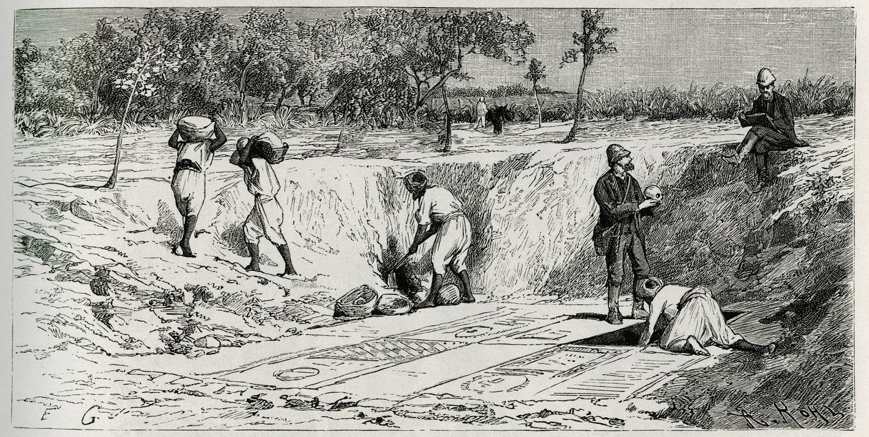 Vykopávky na křesťanském hřbitově v Lamtě s oběma misemi. Rytina od Eug.Girardeta pro ilustraci příběhu „Cesta do Tuniska“, od Rene Cagnat od Eugene Alexis Girardet