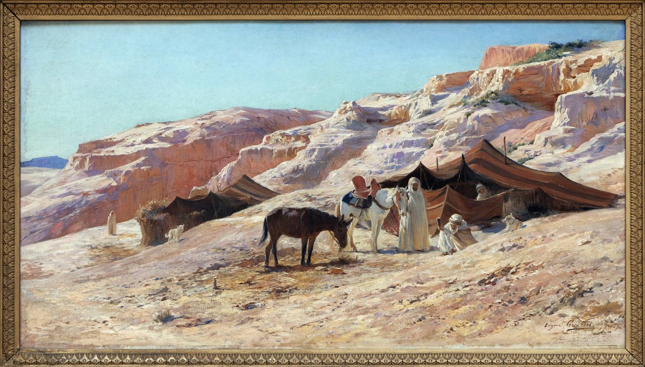 Tábor, Olejomalba na plátně Eugena Girardeta (1853-1907), tábořiště skupiny arabských cestovatelů (beduínů) v krajině dun. Ztlumit. 50x60 cm. Fotografie, KIM Youngtae, Nantes, Musee des Beaux Art de Nantes. od Eugene Alexis Girardet