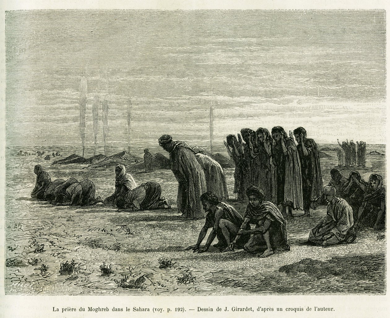 Moghrebská modlitba na Sahaře. Rytina od J.Girardeta pro ilustraci příběhu Cinq mois chez les moures nomades du Sahara occidental, v roce 1887, od Camille Douls, v le tour du monde 1888, pod vedením Edouarda Chartona (1807-1890), Hachette, Pa od Eugene Alexis Girardet