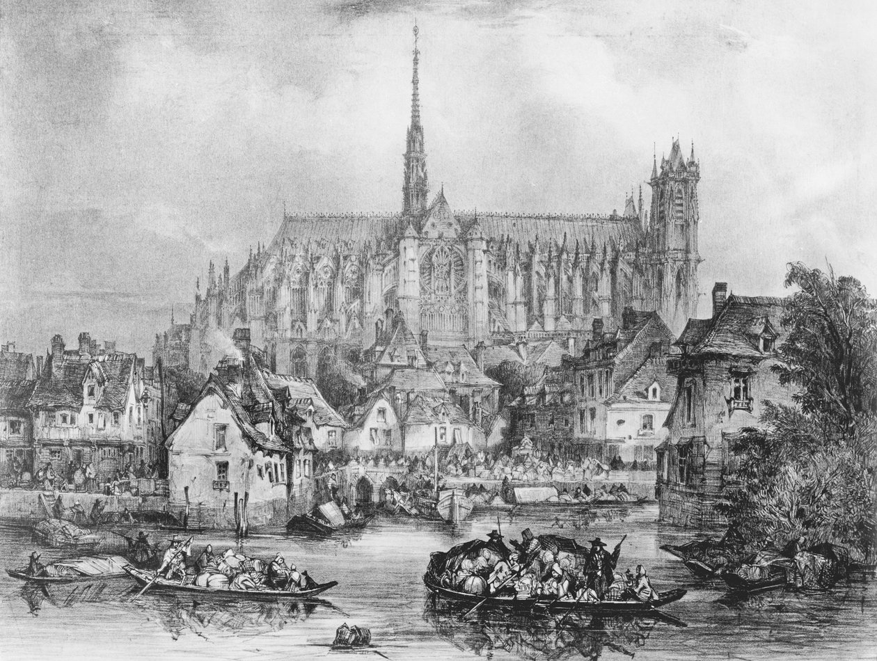 Pohled na katedrálu Notre Dame v Amiens z Pont Dudon (litografie) (čb fotografie) od Eugene Balan
