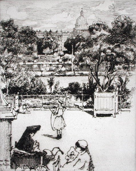 Pařížský park, z knihy "Du Ier au XXeme: Les Arondissements de Paris...", vydáno 1903 (lept) od Eugene Bejot