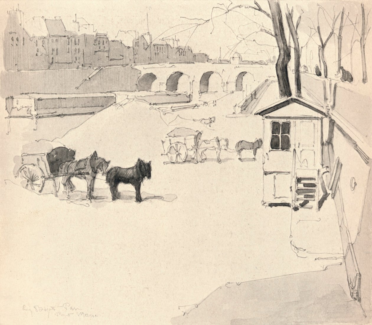 Pont Marie - Koně a vozy, 1915 od Eugene Bejot
