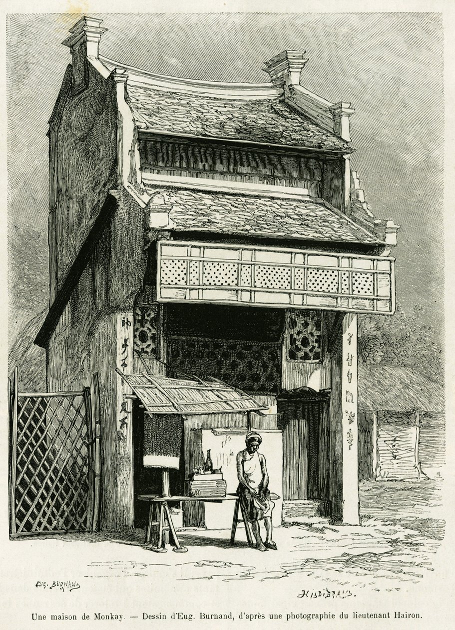 Monkayův dům. Rytina Eugena Burnanda, k ilustraci příběhu Sur les frontières du Tonkin, od doktora P. Neisse, in le tour du monde 1888, režie Edouard Charton (1807-1890), Hachette, Paříž. od Eugene Burnand