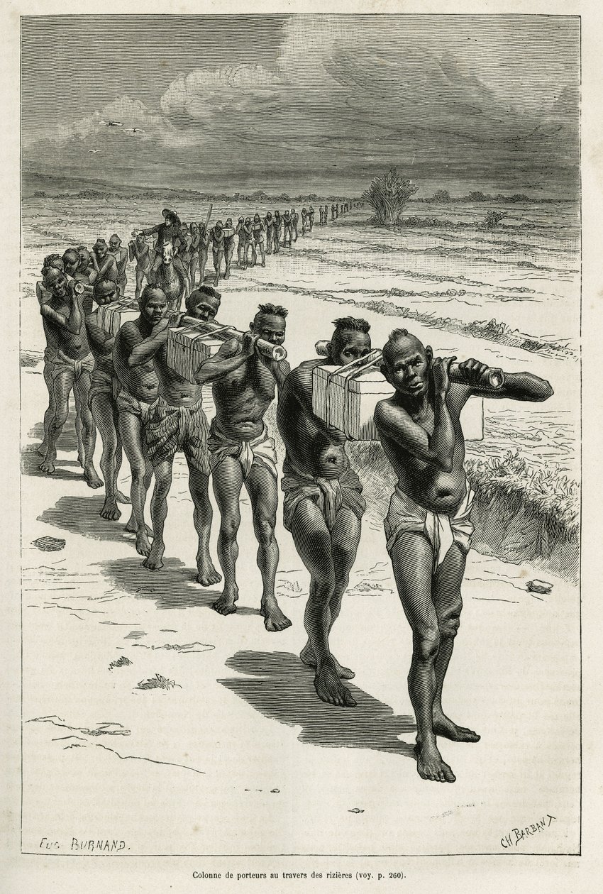 Sloup nosičů přes rýžová pole, mezi Bassac a Hue, vyleptaný podle kresby Eugena Burnanda, k ilustraci příběhu o Laosu a divokých populacích Indočíny, od Dr. Harmanda, v roce 1877, publikovaný v tour du monde, pod přímý od Eugene Burnand