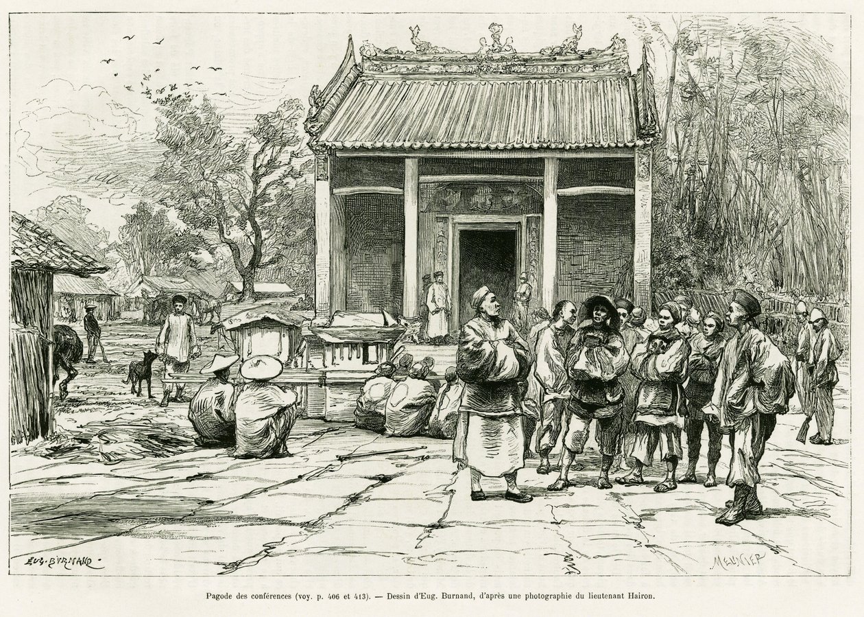 Konference Pagoda, Monkay. Rytina Eugena Burnanda, k ilustraci příběhu Sur les frontières du Tonkin, od doktora P. Neisse, in le tour du monde 1888, režie Edouard Charton (1807-1890), Hachette, Paříž. od Eugene Burnand