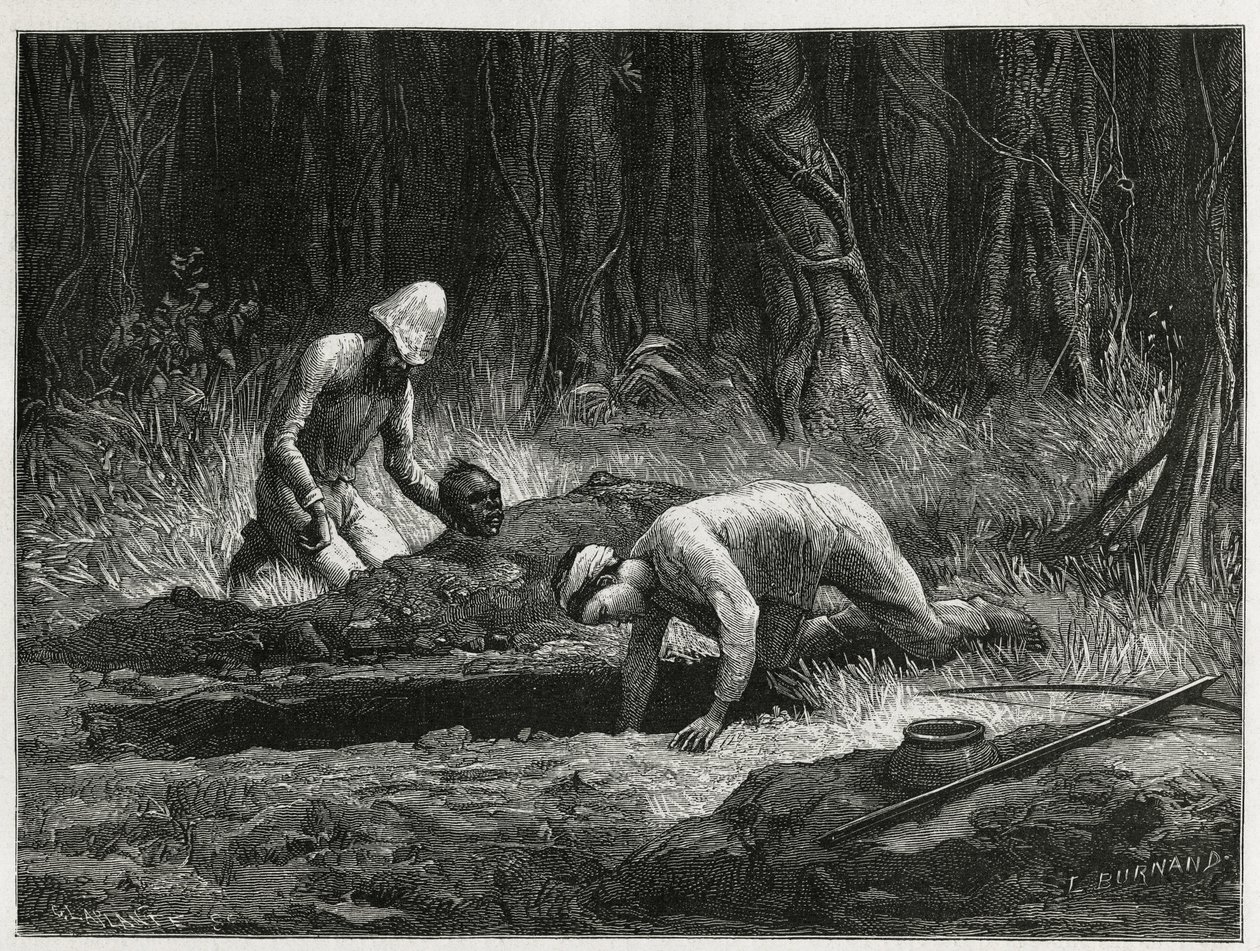 Dr. Harmand a jeho pomocník Annamite, provádějící tajné exhumace Khasových pohřbů, v Attopeu (Laos), rytina Eugena Burnanda, k ilustraci příběhu Laosu a divokých populací Indočíny od Dr. Harmanda, v roce 1877, zveřejněno v prohlídce du od Eugene Burnand