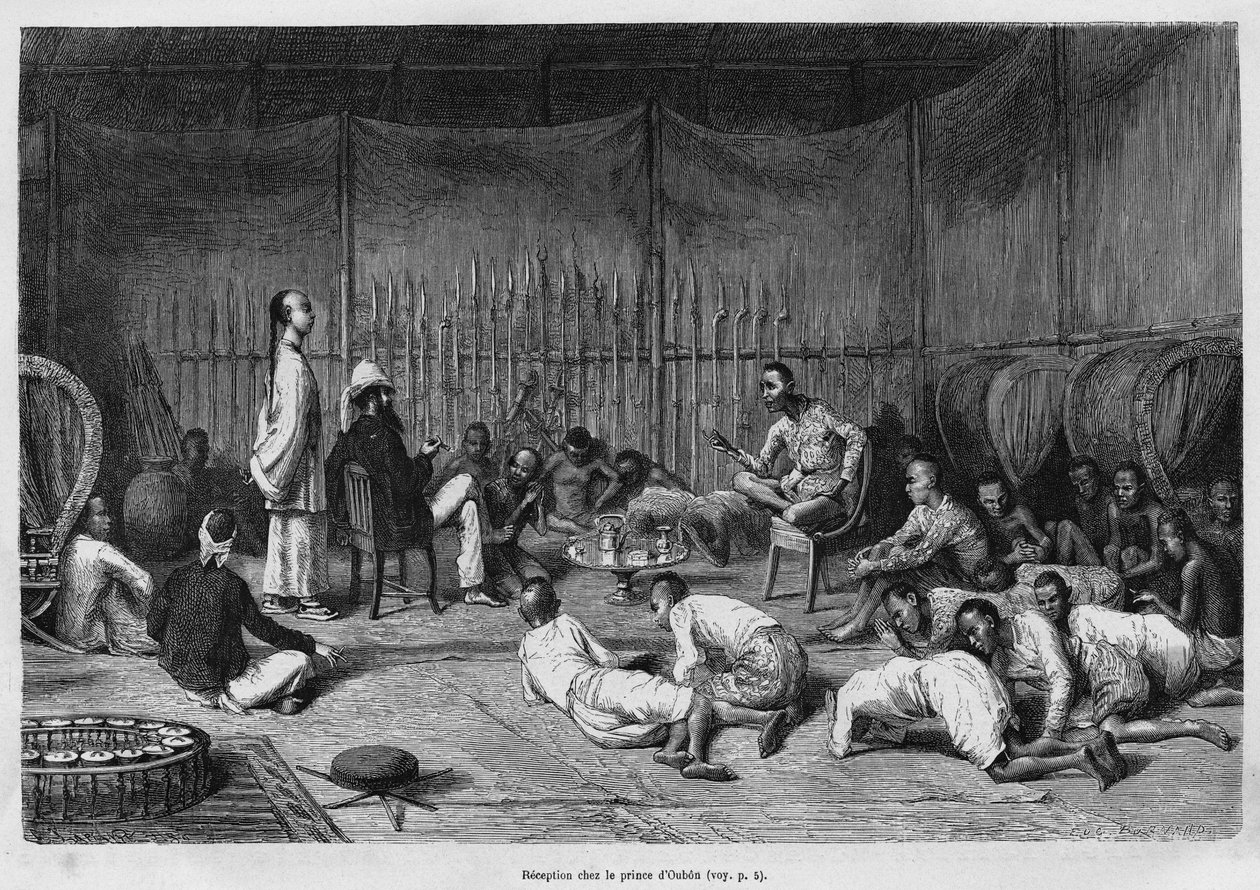 Dr. Harmand na recepci u prince z Oubonu (Laos), popis vnitřku knížecího domu a jeho nádvoří, rytina Eugene Burnand pro ilustraci příběhu Laosu a divokých populací Indočíny od Dr. Harmanda, v 1877, nakl od Eugene Burnand