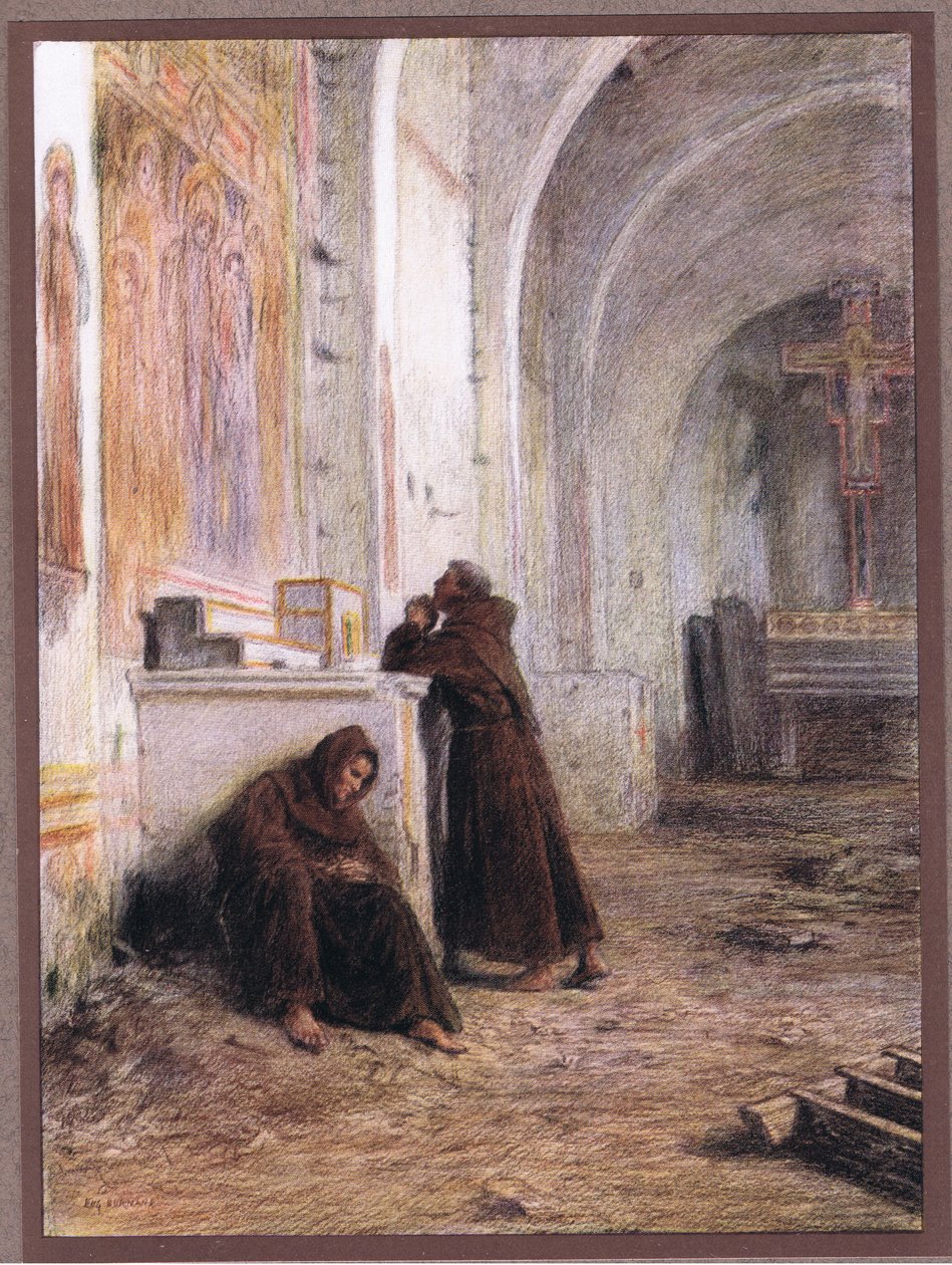 Mnich Giles a jeho společník omdlévají hlady v opuštěném kostele, 1919 od Eugene Burnand