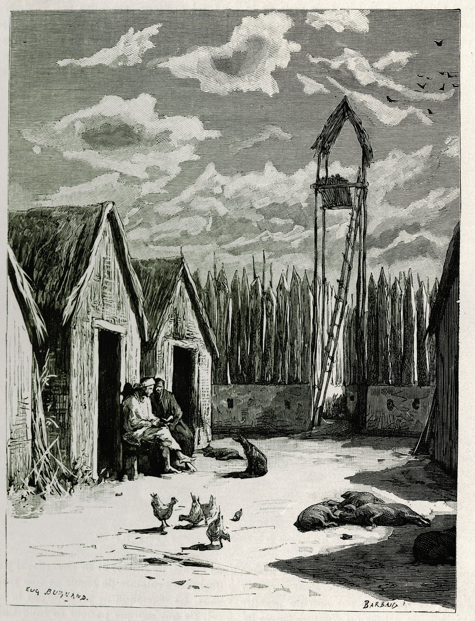 Misionářské náměstí v Meuong Ngan. Rytina Eugena Burnanda pro ilustraci příběhu „Cesta v Horním Laosu“ z roku 1880 od Dr. P. Neise. Publikováno v Le Tour du monde, nouveau journal des voyages, 2. semestr 1885, editoval Edouard Charton (1807-1890), ed. od Eugene Burnand