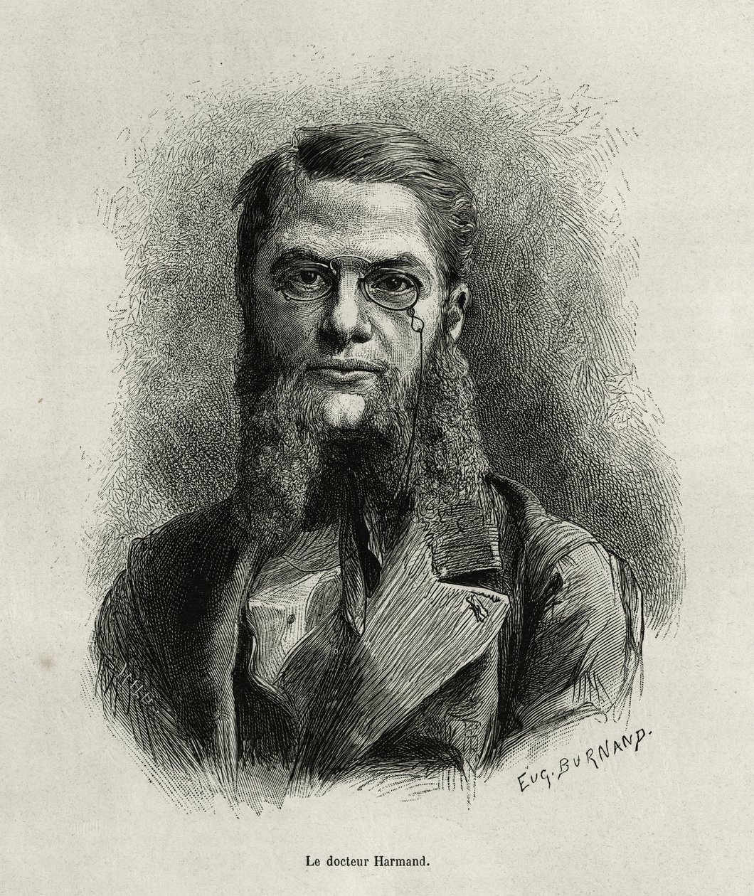 Portrét Dr. Harmanda, rytina Eugena Burnanda, k ilustraci příběhu Laosu a divokých populací Indočíny od Dr. Harmanda, v roce 1877, publikováno v tour du monde, pod vedením Edouarda Chartona od Eugene Burnand