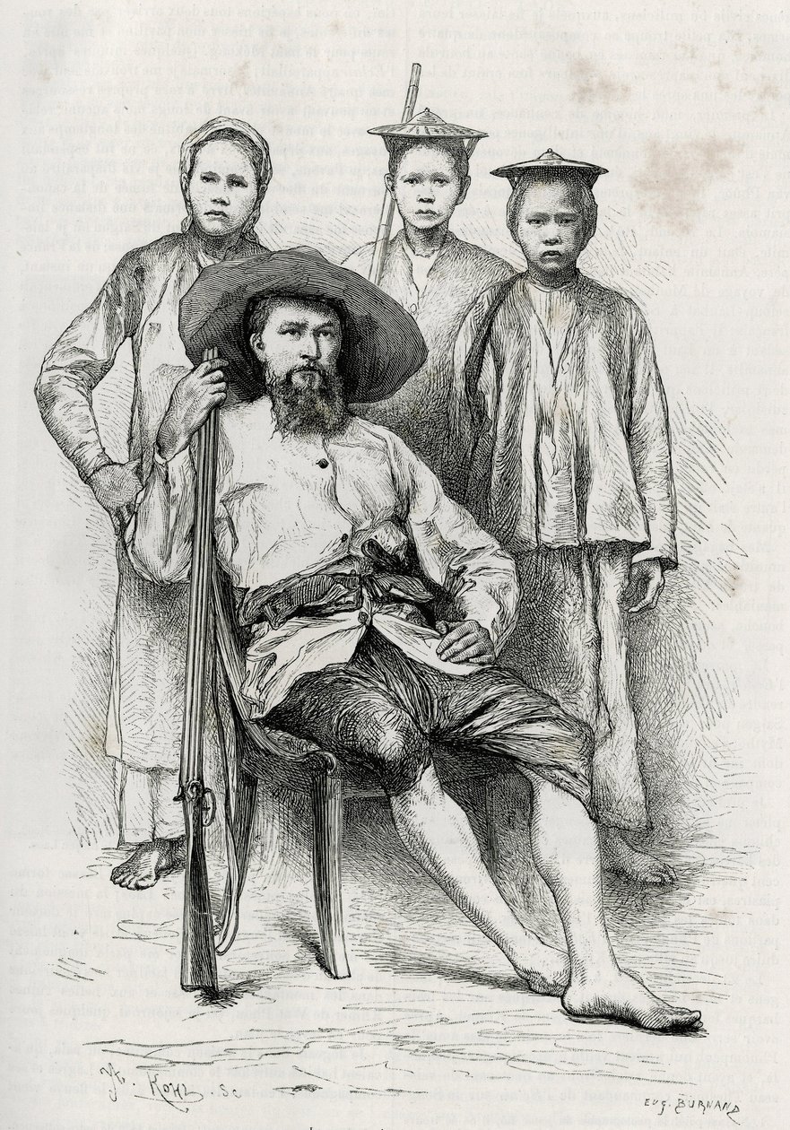 Portrét autora, obklopuje jeho spolucestující. Rytina Eugena Burnanda pro ilustraci příběhu „Cesta v Horním Laosu“ z roku 1880 od Dr. P. Neise. Publikováno v Le Tour du monde, nouveau journal des voyages, 2. semestr 1885, editoval Edou od Eugene Burnand
