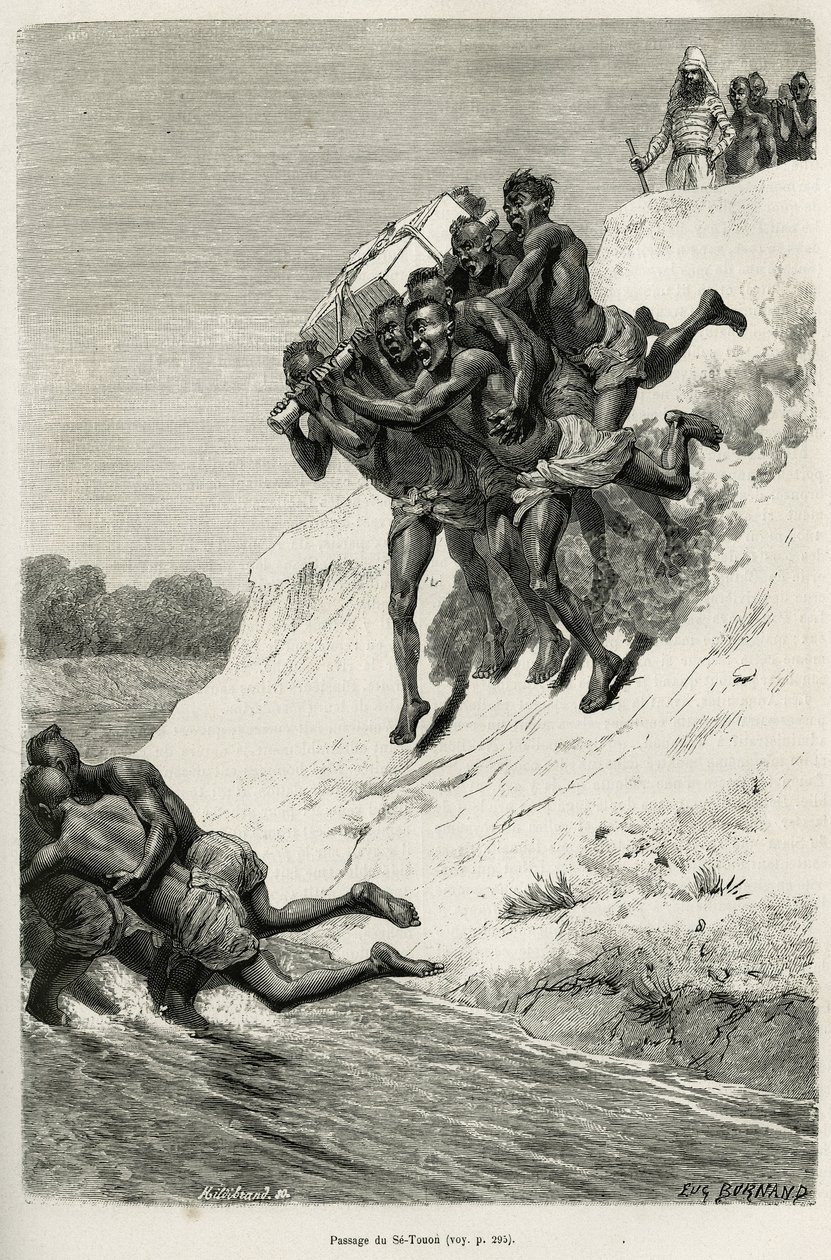 Průchod Riviere Se Touon (Se Touon), v pozadí, portrét cestovatelského vypravěče, vyrytý podle kresby Eugena Burnanda, k ilustraci příběhu Laosu a divoké populace Indočíny, od doktora Harmanda, v roce 1877 , zveřejnit od Eugene Burnand