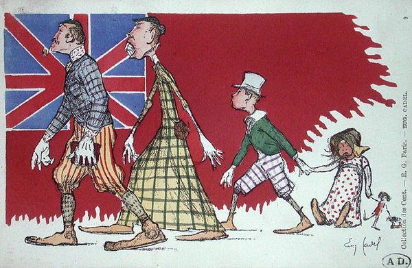 Pohlednice s karikaturou britské rodiny od Eugene Cadel