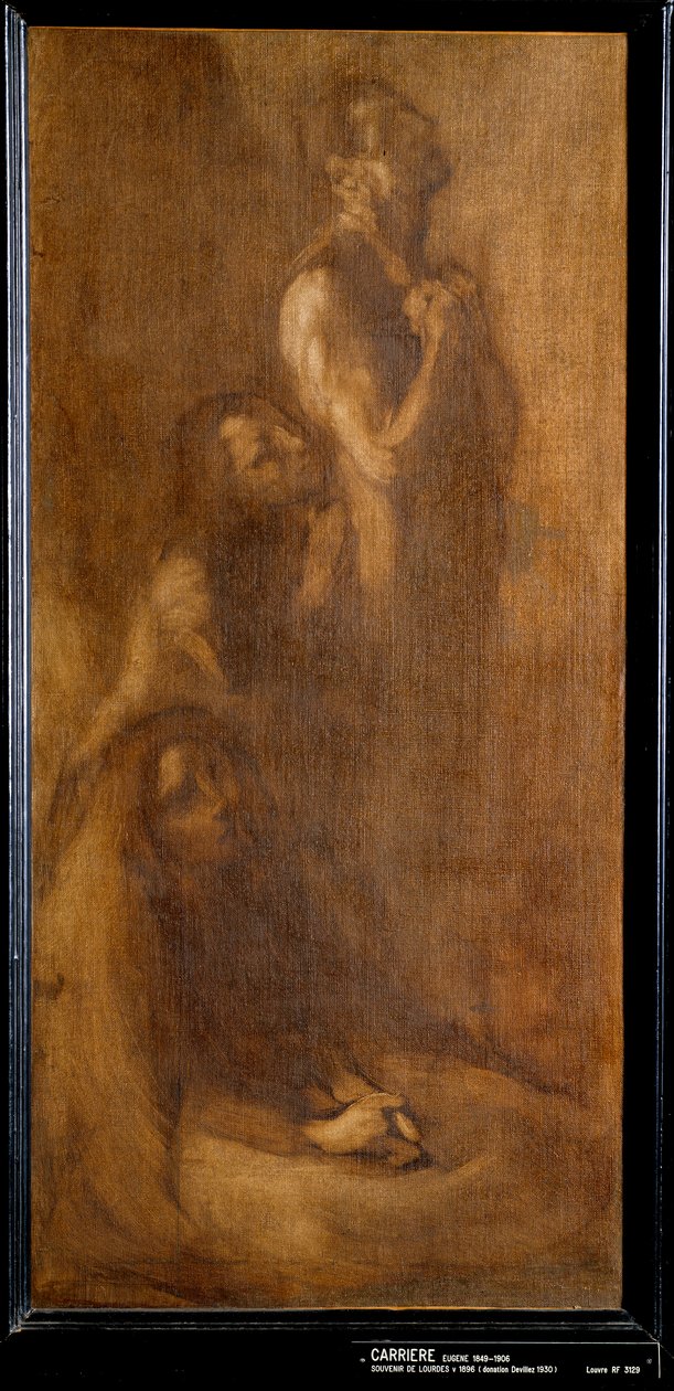 Vzpomínka na Lourdes Pelerins v modlitbě. Obraz Eugene Carriere (1849-1906) 1896 Ne. 0,73x0,35 m Paříž, musee d