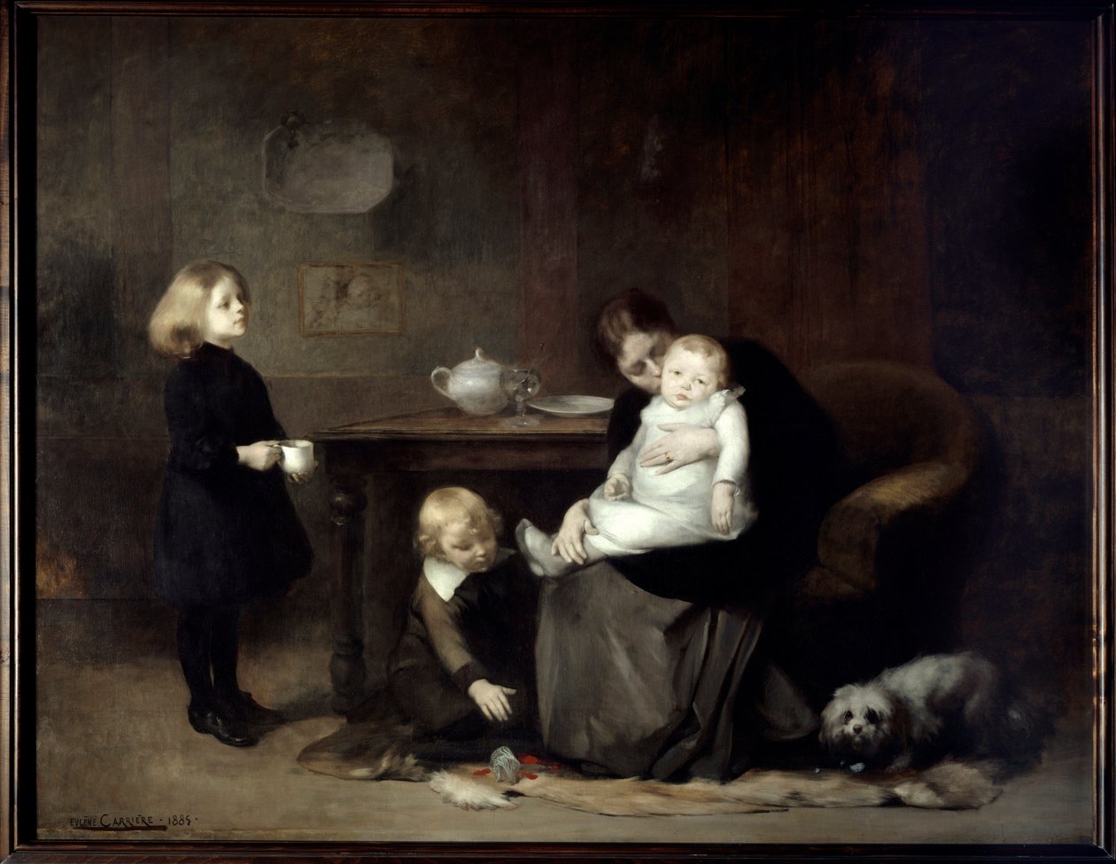 Nemocné dítě Vdova matka líbá své nemocné dítě. Obraz Eugene Carriere (1849-1906) 1885 Ne. 2x2,46 m Paříž, musee d